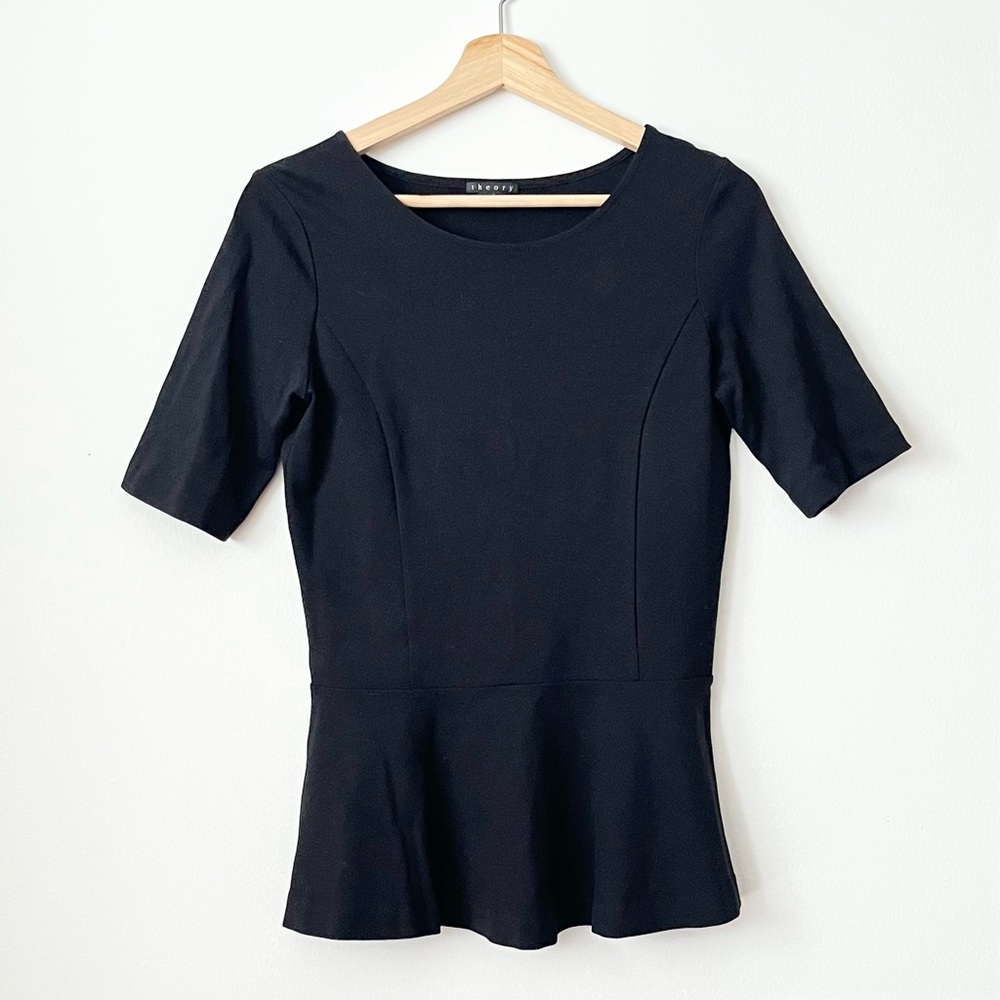 Theory Women's Peplum Top Blouse S Petite Black Short Sleeve Retro Minimalist